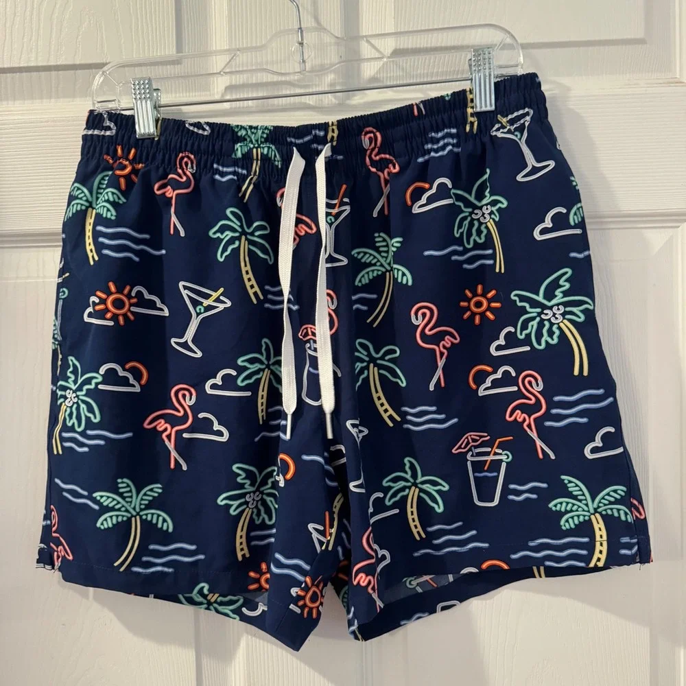 Chubbies Swim Trunks Mens Large Navy Neon Tropical Flamingo Good 5.5